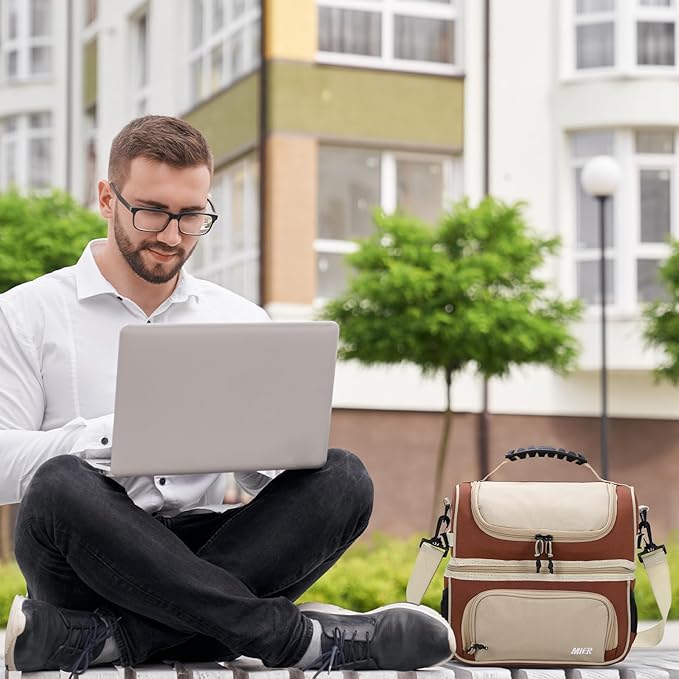MIER 2 Compartment Lunch Bag Tote with Shoulder Strap for Men and Women Insulated Leakproof Cooler Bag, Khaki