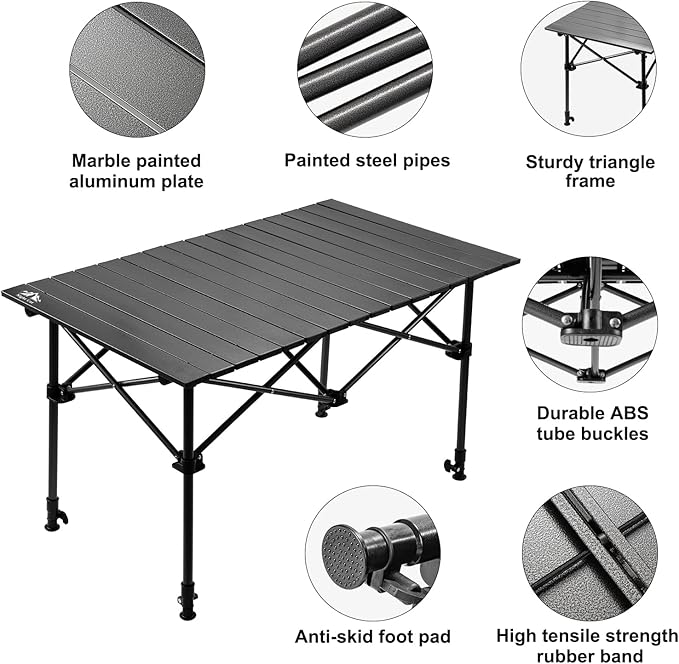 Night Cat Camping Table with Storage Basket Foldable Picnic Table for Outdoor Indoor Lightweight Rustless Adjustable Height 1.7-3ft BBQ Garden Backyard 75KG 37x22in
