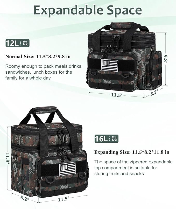 Tactical Lunch Box for Men, Expandable Large Insulated Lunch Bag for Adult, Heavy Duty Double Deck Lunch Cooler Bag with Shoulder Strap Leakproof Waterproof Lunch Tote for Travel Office - Green Camo