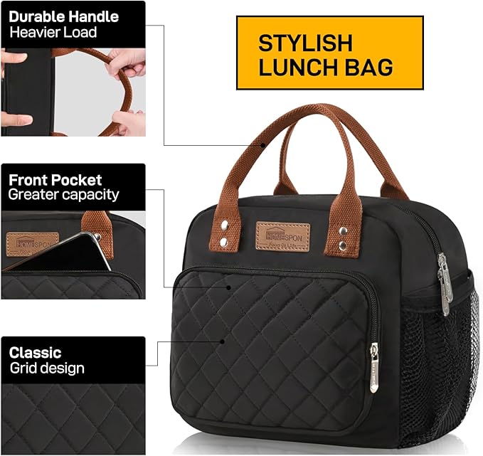 Buringer HOMESPON Lunch Bag for Woman Man Adults with Front Pocket Insulated Lunch Tote Lunch Box Container for Work Picnic or Travel (Black with Side Pockets)
