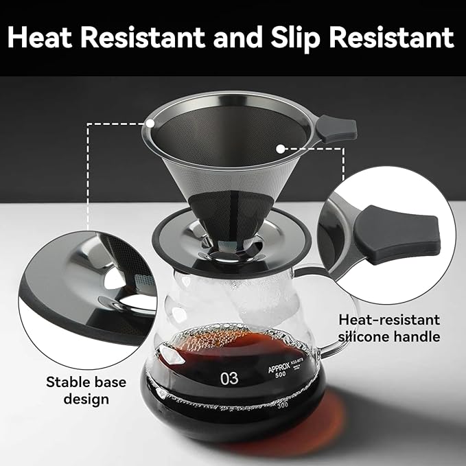 Pour Over Coffee Dripper Filter: Reusable Stainless Steel Coffee Filters - Metal Cone Filter Paperless Single Cup Coffee Maker 1-4 Cup with Double Mesh & Non-slip Cup Stand Black