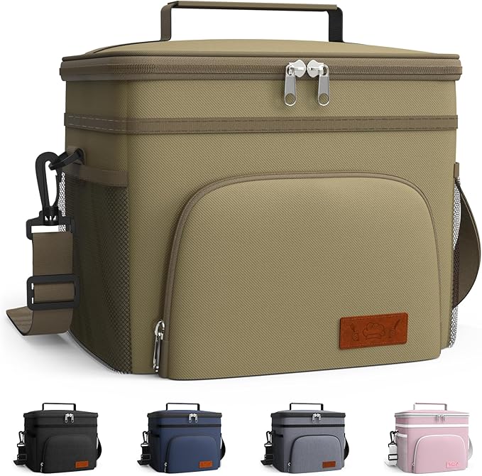 HOTOR Insulated Lunch Box for Men & Women - Leak-Proof Cooler Lunch Bag with 4 Pockets, Adjustable Strap, Ideal for Work, Picnic, Travel - Large, Brown, 13.0"×7.9"×9.1"
