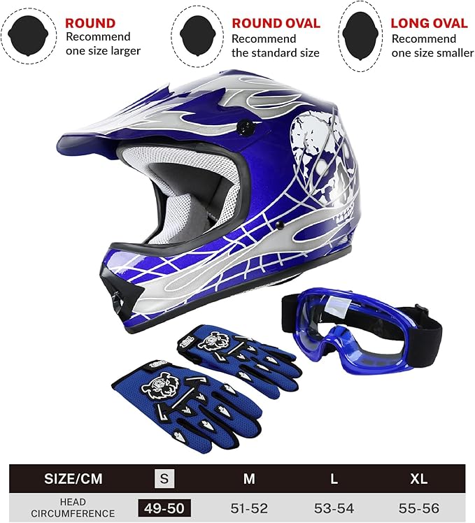 TCT-MOTORPARTS DOT Youth Kids Motocross ATV Helmets Offroad Street Dirt Bike Go-Kart BMX MX Full Face Helmet Blue Skull Samll Size