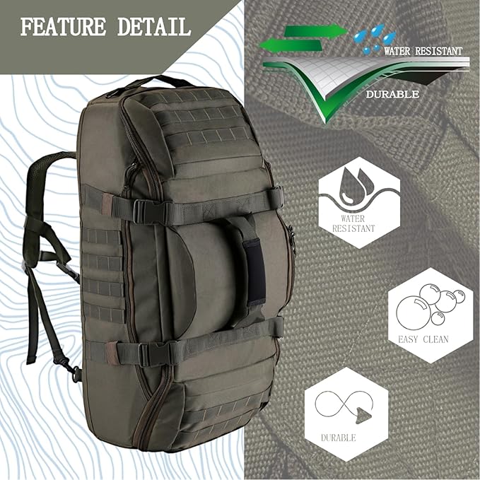Travel Gym Duffle Bag Tactical, Gear Backpack for Men Women, Large Duffle Hand Bag for Travel, 3 in 1 Shoulder Backpack for Sports Hiking Camping, Water Resistant & Easy Clean (Army Green, 55L)