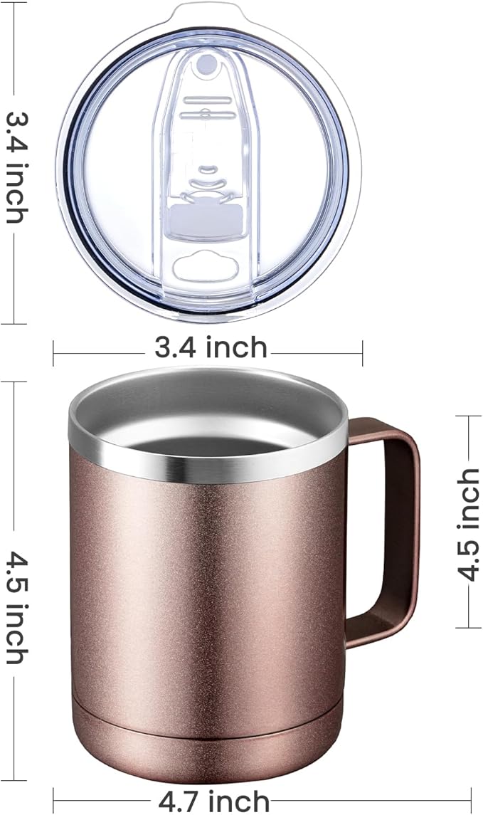 MEWAY 12oz Coffee Mug With Handle 4 Pack Bulk,Stainless Steel Insulated Travel Tumblers With Sliding Lid,Double Wall Vacuum Camping Cup for Hot & Cold Drinks Tea (Rose Gold,Set of 4)