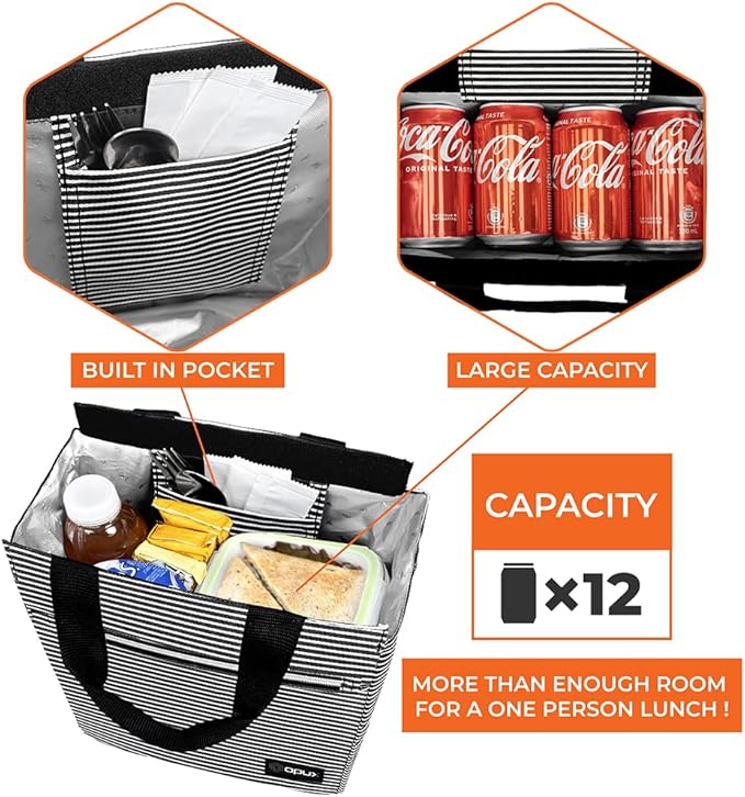 opux Lunch Bag for Women, Insulated Lunch Box Tote for Girls Kids Adult School Work, Reusable Womens Lunch Tote for Office Travel, Cute Small Lunch Tote, Fits 12 Cans - Stripe Black