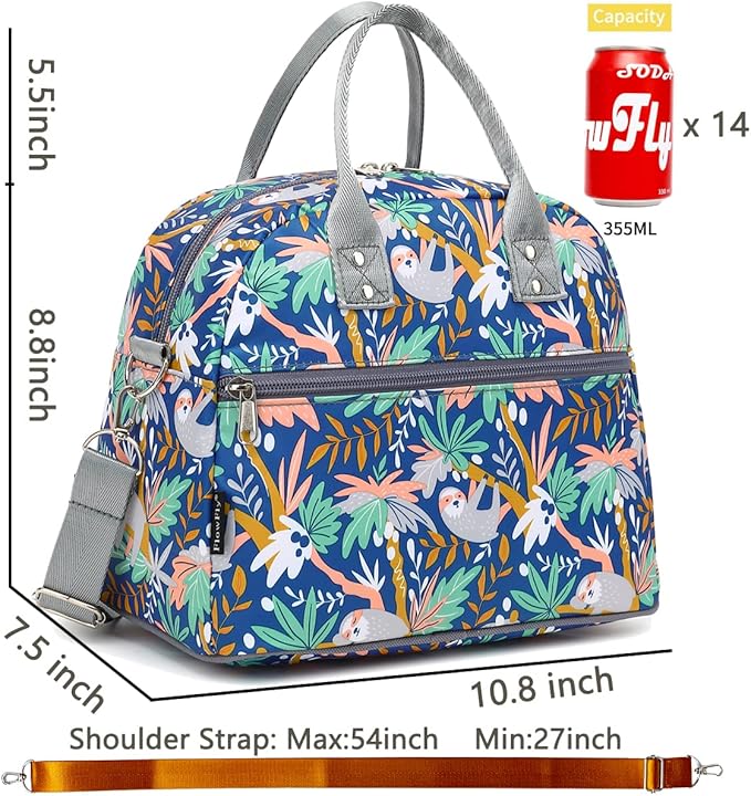 FlowFly Insulated Lunch Bag With Shoulder Strap for Women, Men, and Kids, Large and Reusable, Handle, Freezable Work and School Travel Tote and Meal Prep Organizer,Sloth