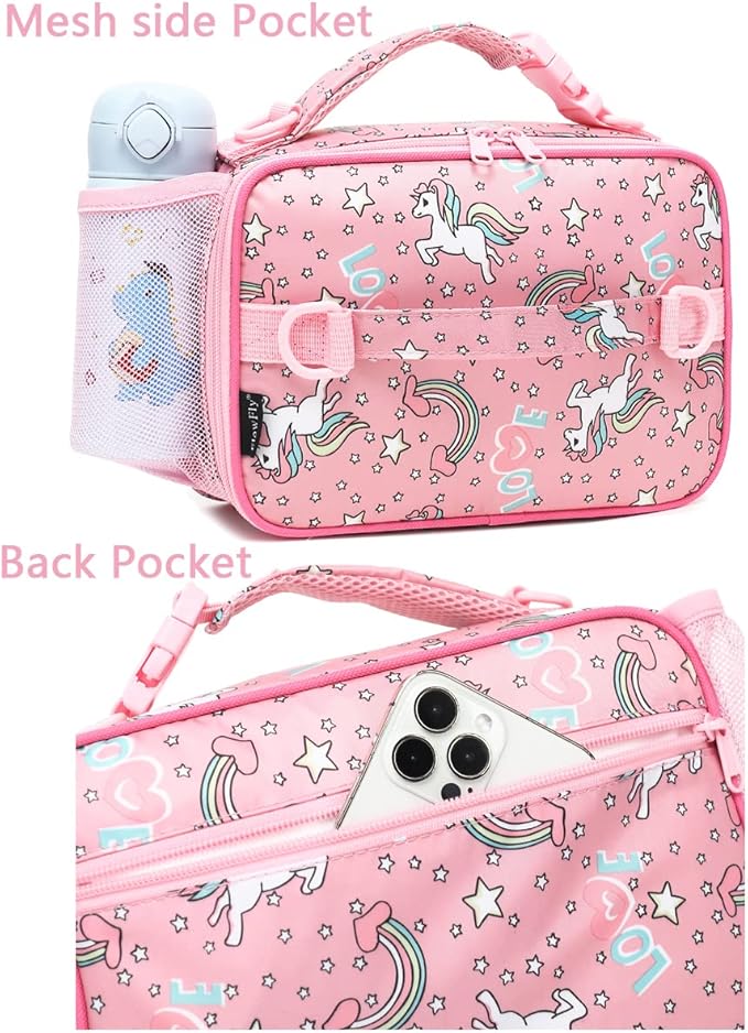 FlowFly Kids Lunch Bag, Durable Insulated School Lunch Box with Shoulder Strap and Bottle Holder, Water-resistant Thermal Small Lunch Cooler Tote for Teen Boys & Girls,Red#Uincorn