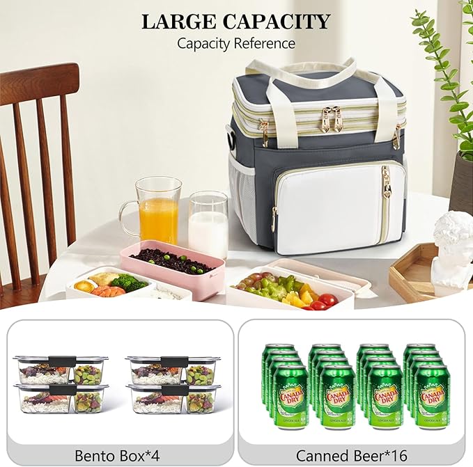Lunch Box & Lunch Bag for Women Men, Large Insulated Adult Lunch Box Leakproof Lunchbox Cooler Bag for Work Picnic Beach,16L, Grey & White