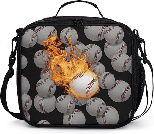 Fire Baseball Sport Pattern Lunch Bag Fire Sport Black Lunch Boxes for Women/Man Office Work Travel School Work Picnic Durable Reusable Insulated Large Lunch Tote Bag with Adjustable Shoulder Strap