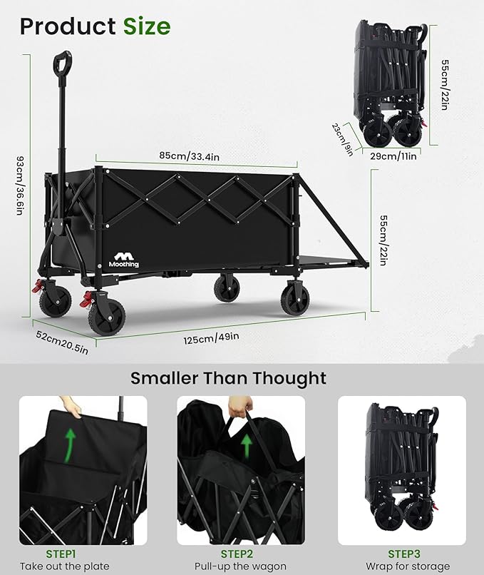 Large Foldable Wagons Extended, Collapsible Wagon with Tailgate, 49”L Folding Wagons with Brakes, Grocery Wagon, Utility Cart for Sports, Shopping, and Camping, Black