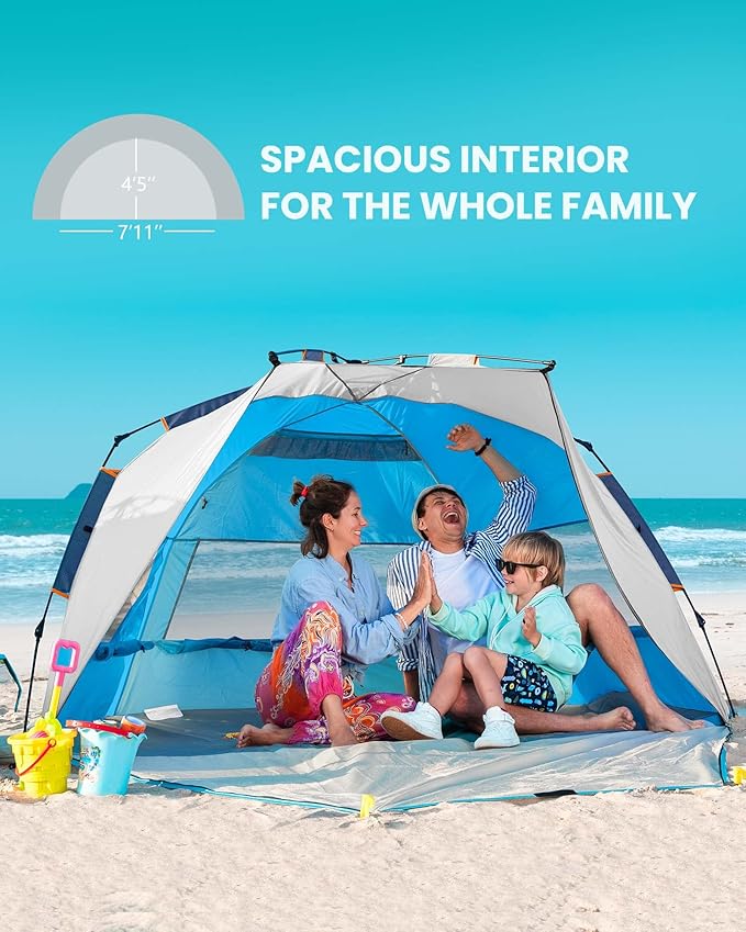 OutdoorMaster Beach Tent for 3-4 Person - Easy Setup and Portable Beach Shade Sun Shelter Canopy with UPF 50+ UV Protection Removable Skylight Family Size