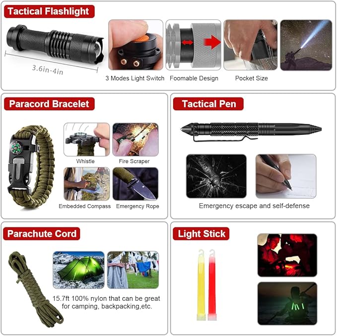 Survival Kits,222 PCS Emergency Survival Gear First Aid Kits with Molle System Compatible Bag Outdoor Camping Gear Emergency Kits for Hunting,Hiking,Fishing, Gifts for Men Women