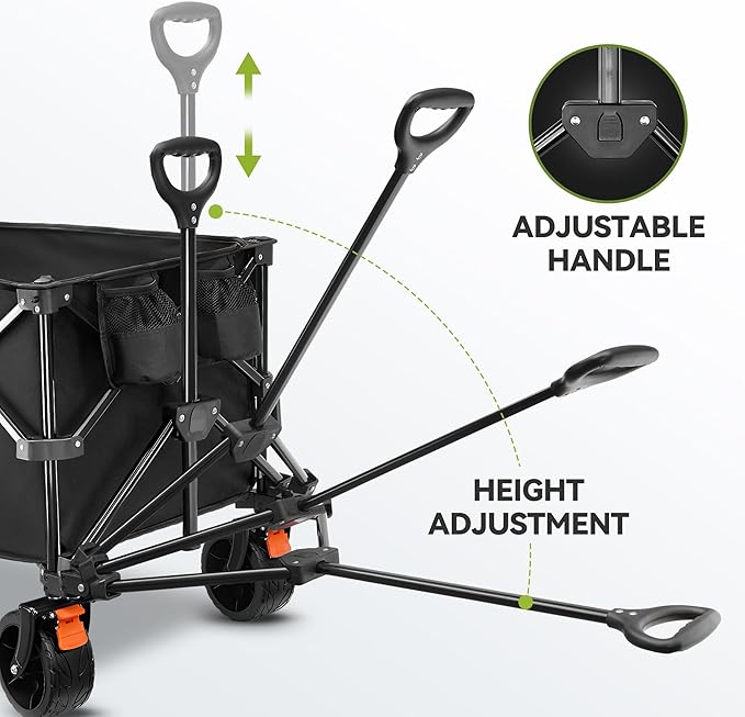 TECKNET Collapsible Foldable Wagon Cart, 150kg/330Lbs Weight Heavy Duty Folding Wagon with All-Terrain Big Wheels, Utility Wagon with Side Pocket for Grocery, Shopping, Sports, Garden, Camping