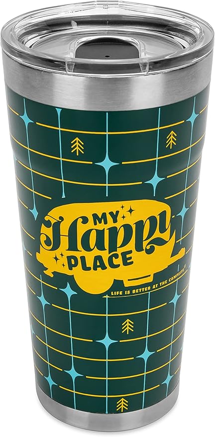 Camco Life is Better at The Campsite Tumbler | Heavy Duty Double Wall Vacuum Insulation | Crafted of 18/8 Stainless Steel | Unique “My Happy Place” Text w/Yellow Retro RV Design | 20-oz (53325)