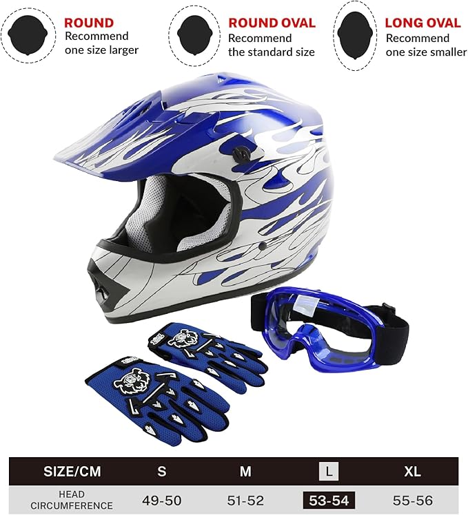TCT-MOTORPARTS DOT Youth Kids Four Wheeler Riding Helmet Motocross ATV Helmets Offroad Street Dirt Bike Go-Kart BMX MX Full Face Helmet Blue Flame Large Size