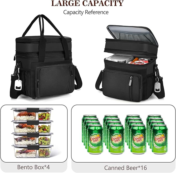 LOKASS Lunch Bag & Lunch Box for Men Women - Double Deck Expandable Insulated Waterproof Leakproof Cooler Bag for Work/Picnic - Black