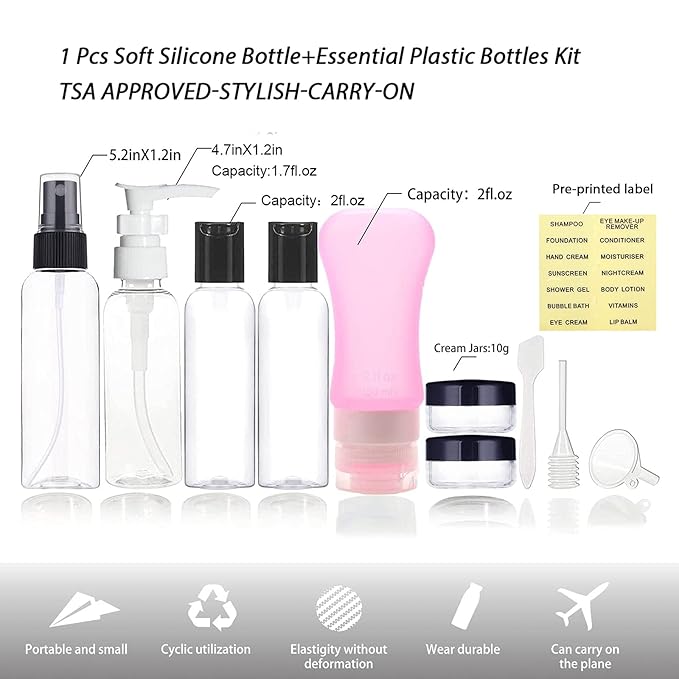 Empty Travel Bottles Containers Set for Toiletries, TSA Approved Travel Size Toiletries Bottles Kit for Liquids Shampoo Conditioner Lotion, Carry-On Set for Women/Men(Pink)