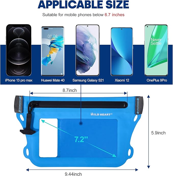 WILD HEART Waterproof Waist Bag IPX8 with Adjustable Waist belt Screen Touchable Dry Bag Double Inner Pocket for Swimming Diving Floating Rafting Boating