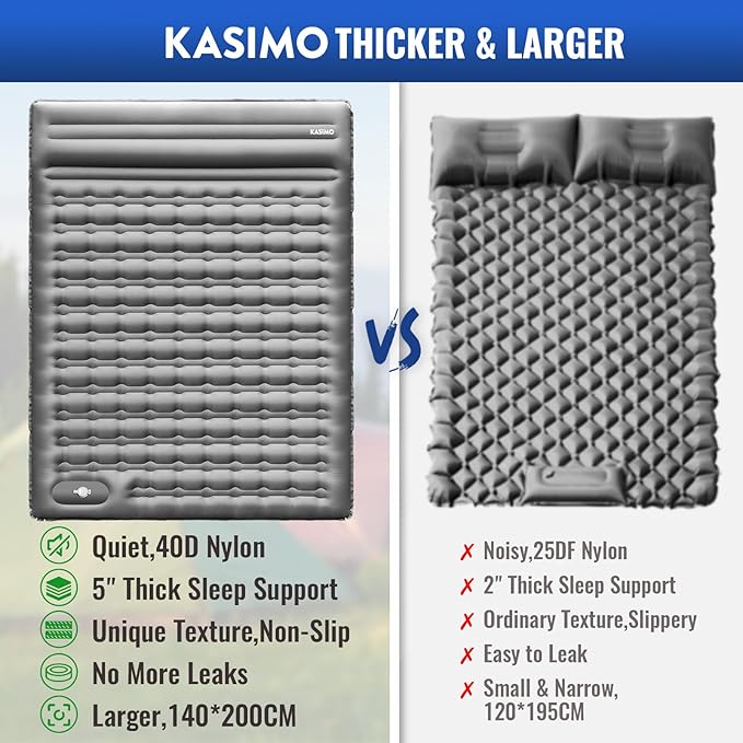 KASIMO Double Sleeping Pad for Camping,5" Ultra-Thick 1.4x2M for 2 Person with Pillow Built-in Foot Pump Inflatable Sleeping Mat for Backpacking, Hiking, Traveling, Tent, Portable Camping Mat