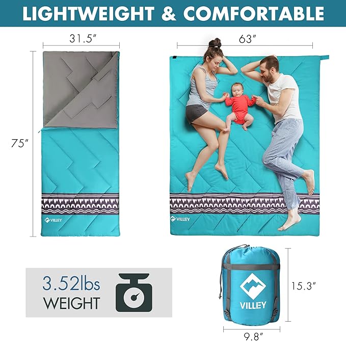 VILLEY Camping Sleeping Bag, Lightweight Backpacking Sleeping Bag with Compression Sack for Adults & Kids, Outdoor Camping Hiking Equipment for 3 Season Warm & Cool Weather - Summer, Spring, Fall