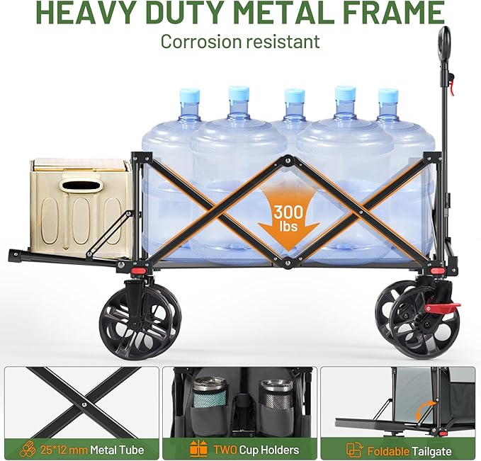 TIMBER RIDGE 47" L Collapsible Folding Wagon with Tailgate, 300lbs Heavy Duty Beach Wagon with All-Terrain Big Wheels, 250L Foldable Utility Cart for Sand Camping Sports Shopping, Grey