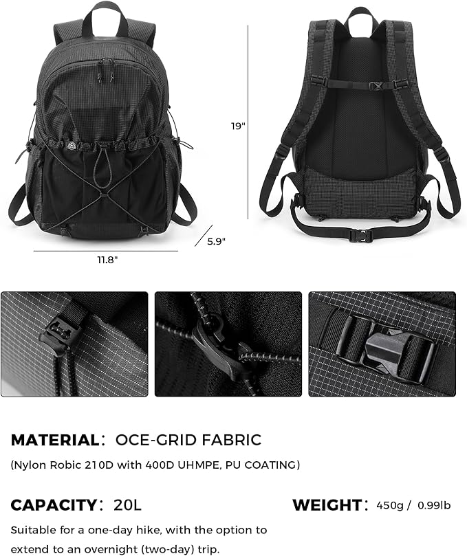 Lightweight Hiking Backpack, Camping Backpack 20L Small Backpacks Water Resistant Daypack for Women Men (Black)