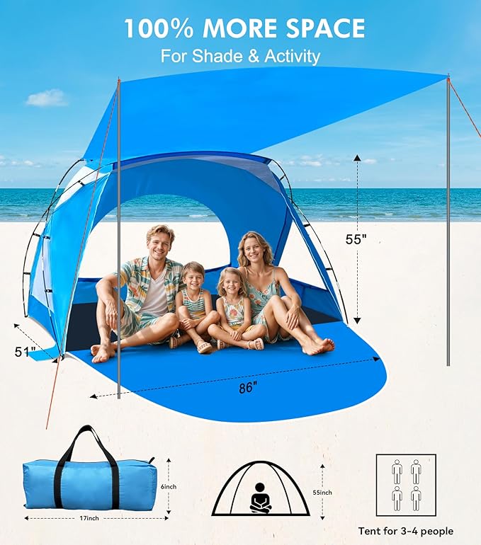 Beach Tent, Portable Sun Shelter for 2/3/4/6-8 Person with UPF 50+ UV Protection, Easy Setup Waterproof Beach Shade Canopy Cabana for Family Outdoor and Picnics, Fishing with Carrying Bag