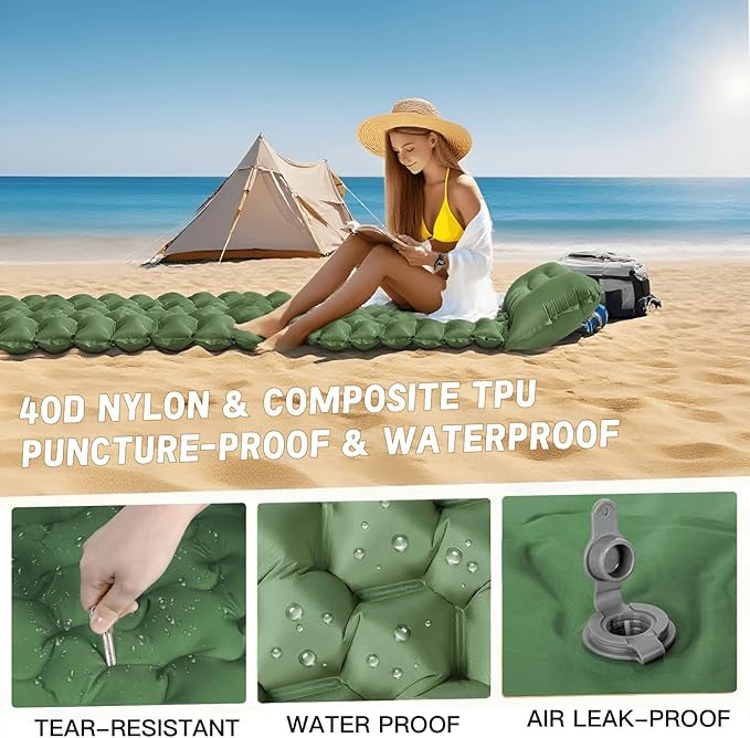 Ultralight Inflatable Sleeping Pad with Built-in Pump, Waterproof, Tear-Resistant, for Camping, Hiking, Backpacking, Outdoor Travel (Olive Green)