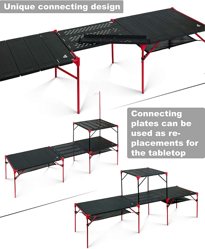 iClimb Extendable Folding Table Large Tabletop Area Ultralight Compact with Hollow Out Tabletop and Carry Bag for Camping Backpacking Beach Concert BBQ Party, Three Size (Black - S)