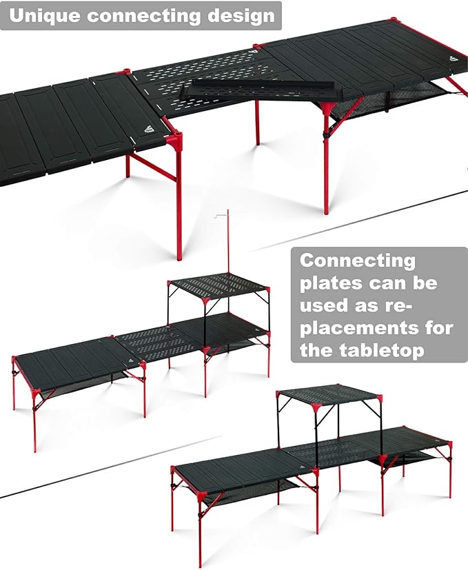 iClimb Extendable Folding Table Large Tabletop Area Ultralight Compact with Hollow Out Tabletop for Camping Backpacking Beach Concert BBQ Party, Three Size (Black - L + Hanger)