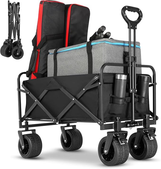 Beach Wagon,Collapsible Foldable Wagon Cart with Big Wheels,Utility Folding Grocery Lounge All Terrain Wagon with Side Pocket and Brakes for Sand Camping Sports Outdoor(Black).