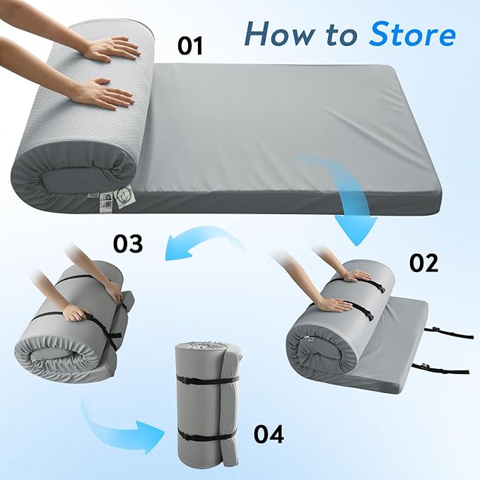Memory Foam Camping Cot Mattress Pad with Waterproof Cover, 3 Inch Non-Slip Bottom Thick Sleeping Pad for Camping, Portable Roll up Cot Mattress Pad Mat for Travel Truck Bed Tent, 72"×24"×3", Gray