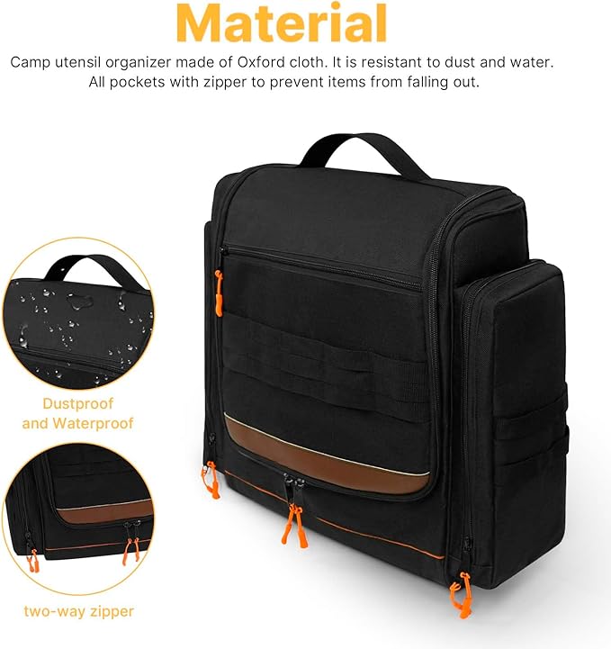 ORKELS Camping Organizer Hanging Tactical Camping Cookware Bag – Utensil Organizer with Towel Holder & Multiple Pockets for RV, Tent, Camper, Grilling