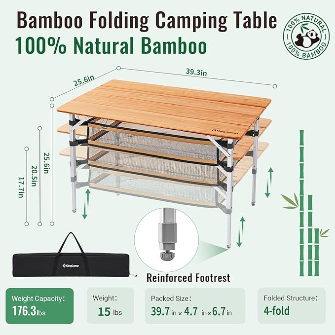 KingCamp Adjustable Height Folding Table, 4-Fold Bamboo Camping Outdoor Portable RV Camp Table with Carry Bag & Storage for Outdoor Car Backyard Picnic Tailgating Beach