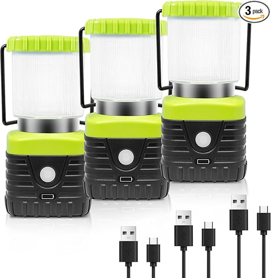 3PCS 6500K White Light LED Camping Lantern Rechargeable 1000LM, 4500mAh Power Bank, Flashlight for Hurricane Emergency, Hiking, IP44 Waterproof Lantern(Green)