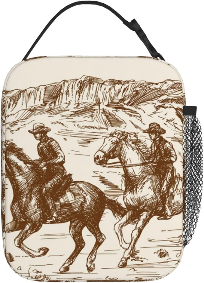 Western Desert Cowboy Vintage Insulated Lunch Bag Reusable Cooler Lunch Box Portable Leakproof Thermal Container Tote Bags for Girls Boys School Travel