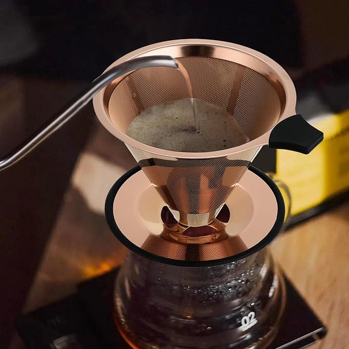 Pour Over Coffee Dripper Filter: Reusable Stainless Steel Coffee Filters - Metal Cone Filter Paperless Single Cup Coffee Maker 1-4 Cup with Double Mesh & Non-slip Cup Stand Rose Gold