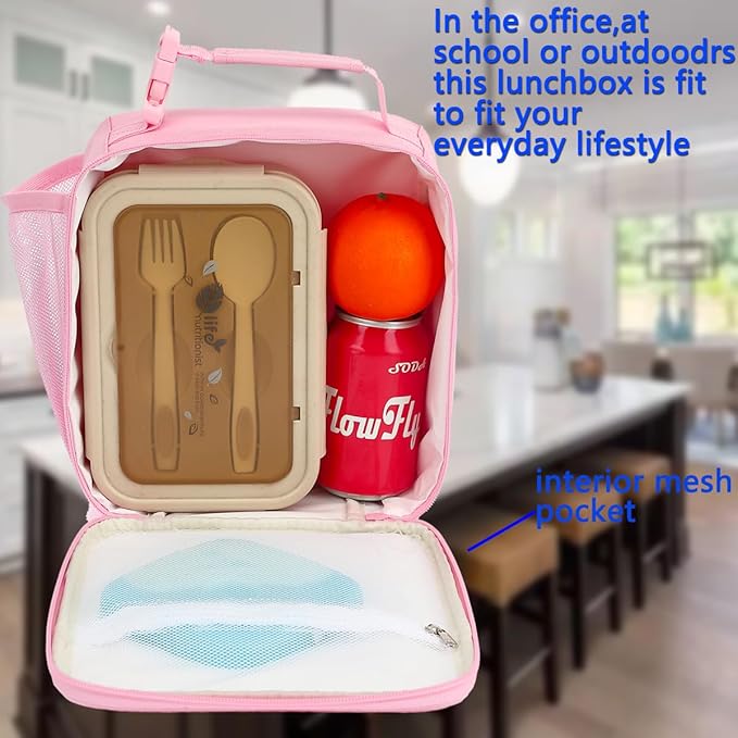 FlowFly Kids Lunch box Insulated Soft Bag Mini Cooler Back to School Thermal Meal Tote Kit for Girls, Boys, Pink