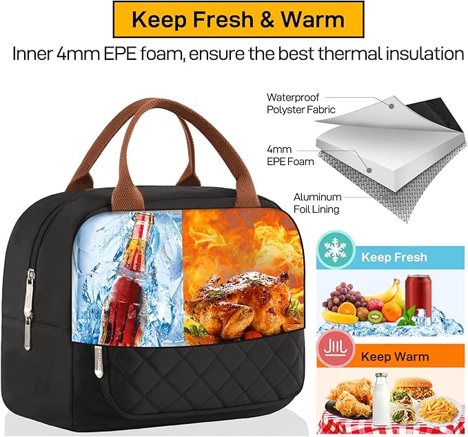 Buringer HOMESPON Lunch Bag for Woman Man Adults with Front Pocket Insulated Lunch Tote Lunch Box Container for Work Picnic or Travel（Black）