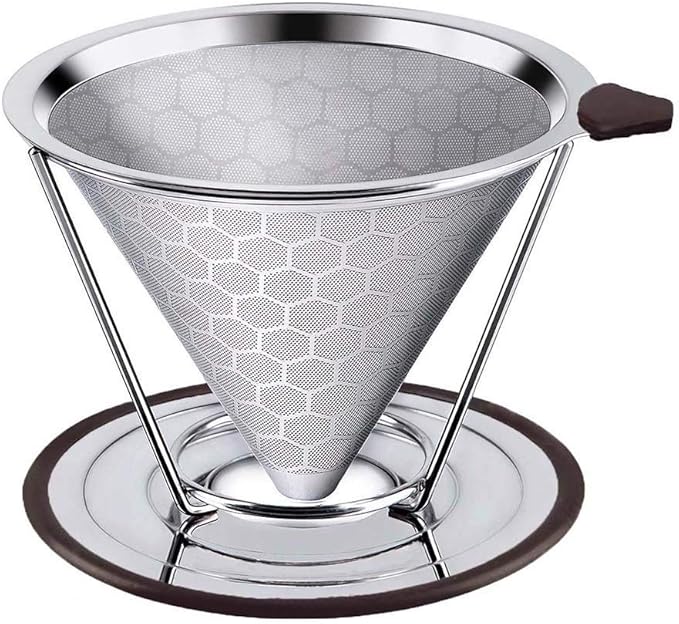 HOMEE Pour Over Coffee Dripper - 304 Stainless Steel Double-layer Coffee Filter fits Hand-grinding Coffee, 1-6 Cups Brew Once a Time Suitable for Families