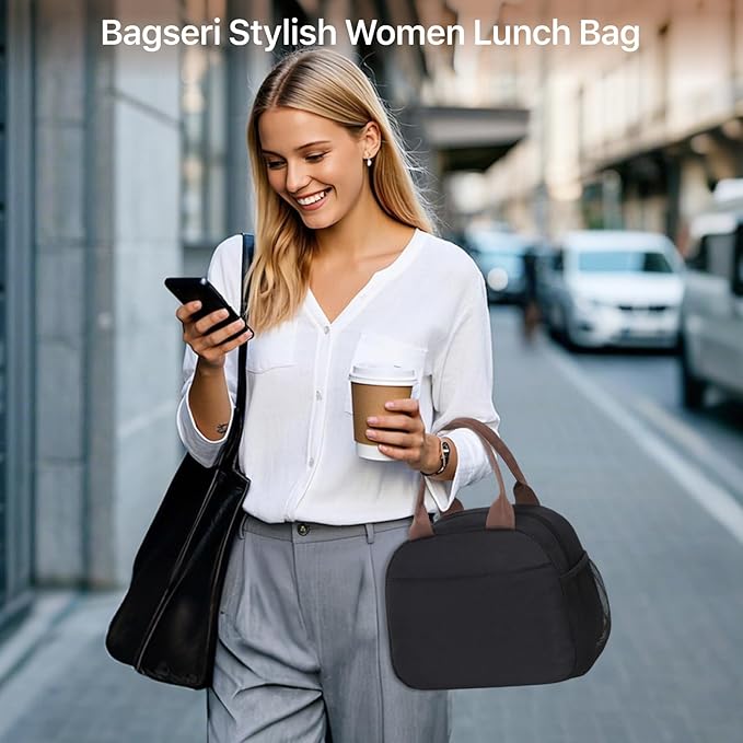 Bagseri Insulated Lunch Bag Women - Lunchboxes for Men Women Adult Reusable Leakproof Thermal Cooler Sack Food Handbags Case High Capacity for Work and Picnic (Black)