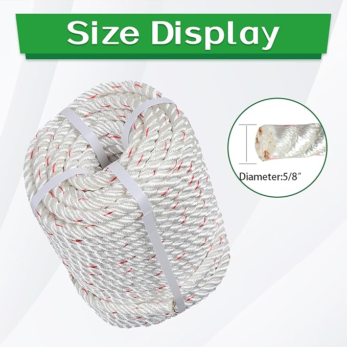 5/8 in 150 FT Braided Rope 8600 LBS Breaking Strength High Force Polyester Rope Suitable for Swing Camping Tree Work White Red