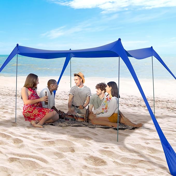 BOTINDO Family Beach Tent Canopy Sun Shade, Pop Up Grande Beach Tent Sun Shelter Stability 4 Poles with Portable Carry Bag Outdoor Shade for Fishing Backyard Camping (Blue, 10x10FT 4Pole)
