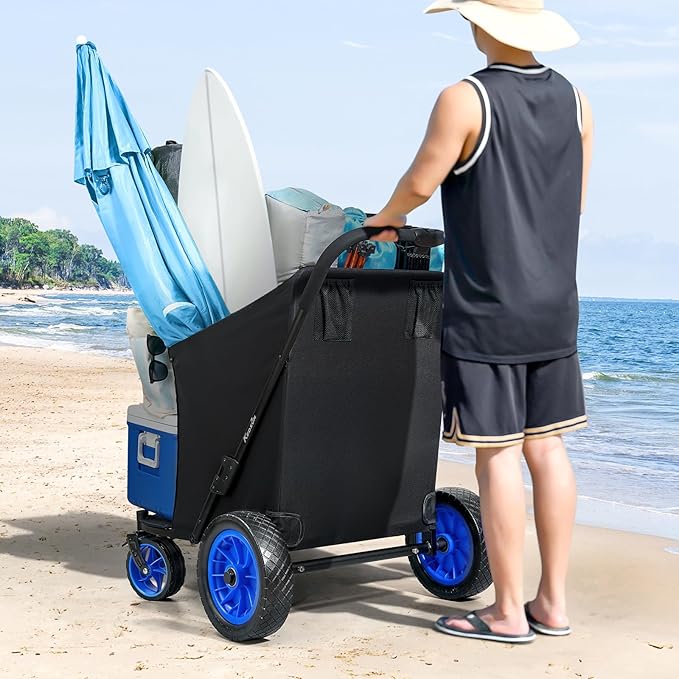KEDSUM Beach Wagon with Big Wheels for Sand, 320L Oversized Wagons Carts, 12" Big All Terrain Rubber Wheels, 400LBS Heavy Duty Collapsible Wagon for Beach, Camping, Fishing. Black