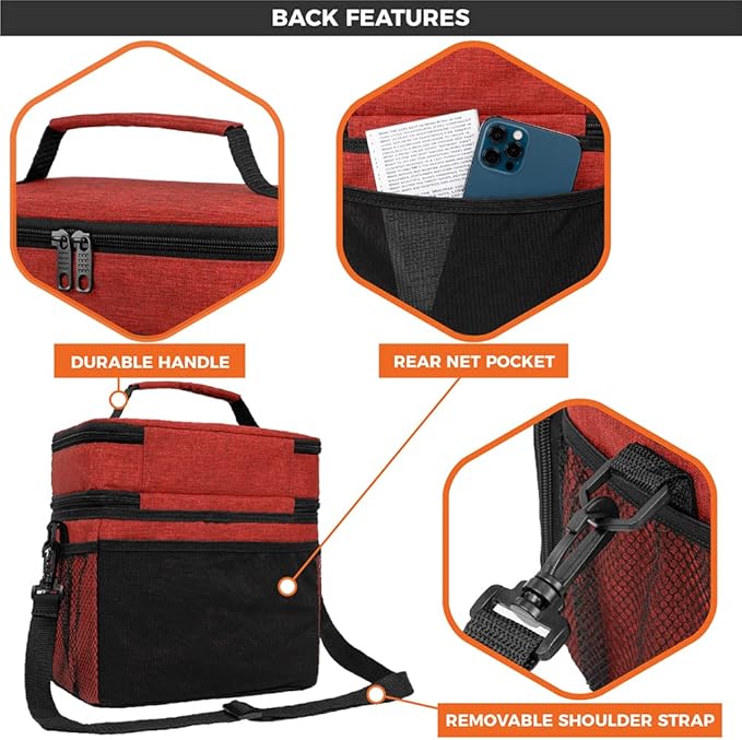 opux Insulated Lunch Bag for Men Women, Large Dual Compartment Cooler Bag, Soft Two Deck Lunch Box for Work School Picnic, Leakproof Lunch Tote with Shoulder Strap for Kid Adult (Red, Double Deck)