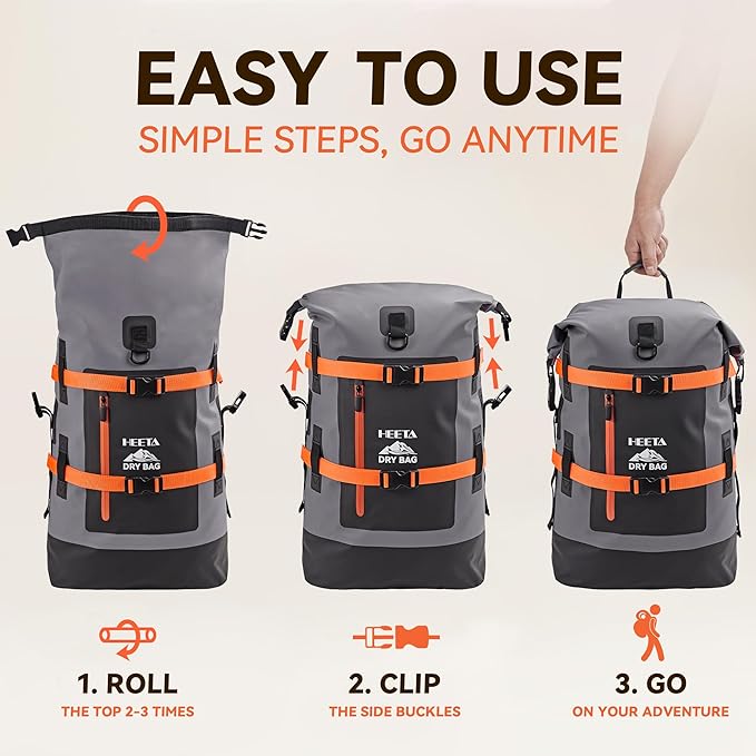 HEETA Waterproof Dry Bags Backpack 40L for Men & Women, Roll Top Heavy Duty Cushioned Hiking Backpack for Kayaking Boating Paddle Boarding Fishing Travel Camping Beach Vacation Cruise Ship Essentials