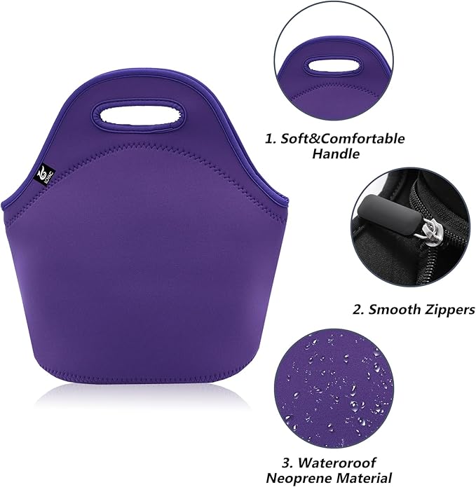LOVAC Neoprene Lunch Bag, Thick Insulated Lunch Bag - Durable & Waterproof Lunch Tote With Zipper For Outdoor Travel Work(Purple)