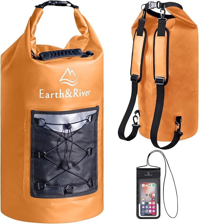 EARTH&RIVER Premium Dry Bag Backpack, Extra Thick, Protection for All Water Activities & Camping, Floating Lightweight Dry Bag with Inside Pocket Storage & IPX8 Waterproof Phone Case (Orange, 40L)