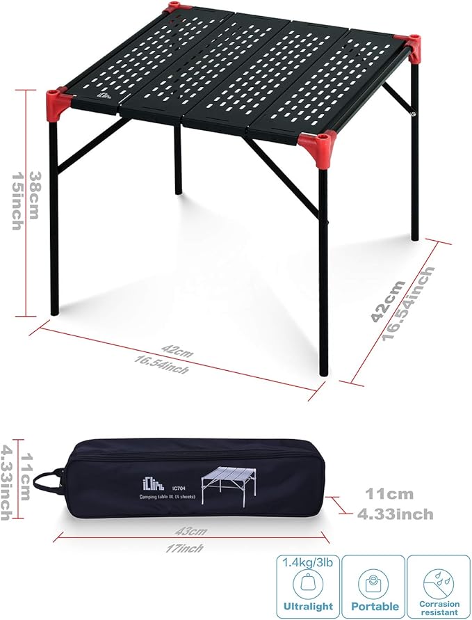 iClimb Extendable Folding Table Large Tabletop Area Ultralight Compact with Hollow Out Tabletop and Carry Bag for Camping Backpacking Beach Concert BBQ Party, Three Size (Black - S)